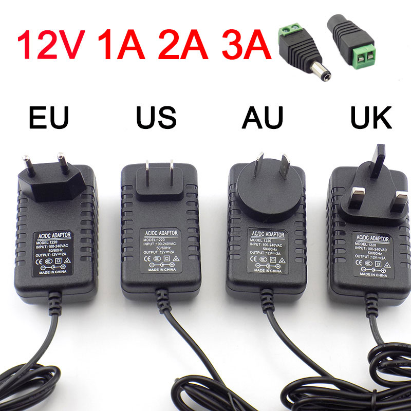 อะแดปเตอร์แปลงไฟ AC DC 12v 1A 2A 3A 2000ma 3000MA หัวปลั๊ก EU UK AU US ขนาด 5.5*2.5 มม. สำหรับไฟ LED แบบติดผนัง ชนิด DC ชาย-หญิง