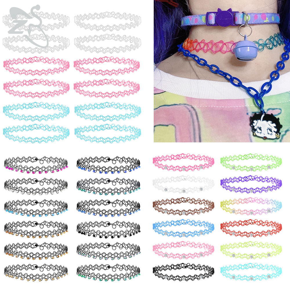 ZS 12 pièces/ensemble coloré extensible Sautoirs pour femmes filles Vintage gothique Punk colliers collier fête bijoux tatouage tour de cou Femme