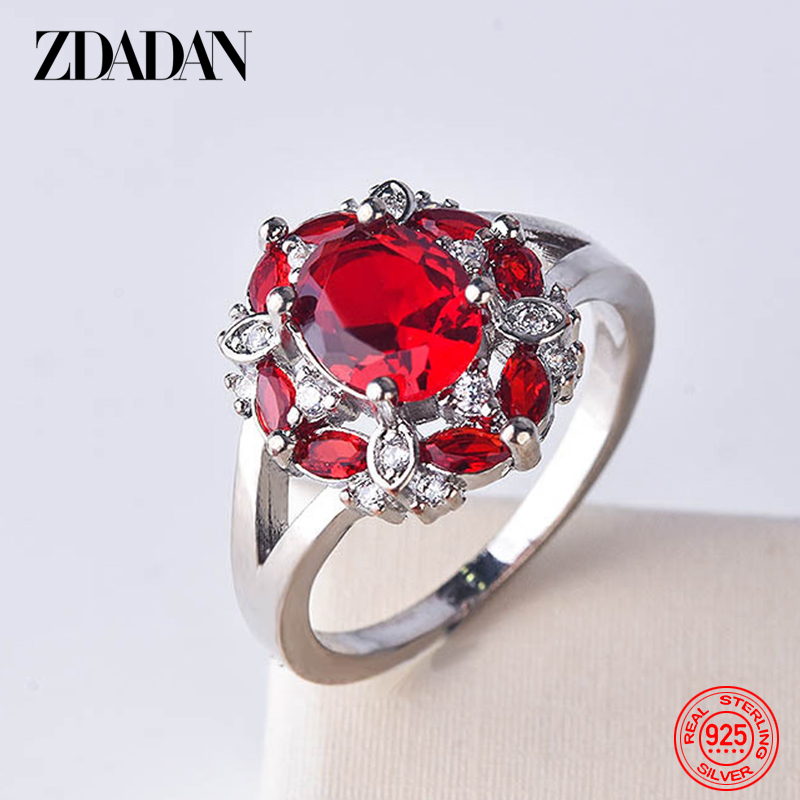 ZDADAN 925 Sterling Silver Flower Red Zircon Rings For Women Fashion Wedding Jewelry