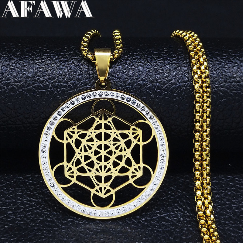 Blume des Lebens Edelstahl Kristall Anhänger Halskette Metatron Heilige Geometrie Symbol Halskette Schmuck bijoux femme N4833S02