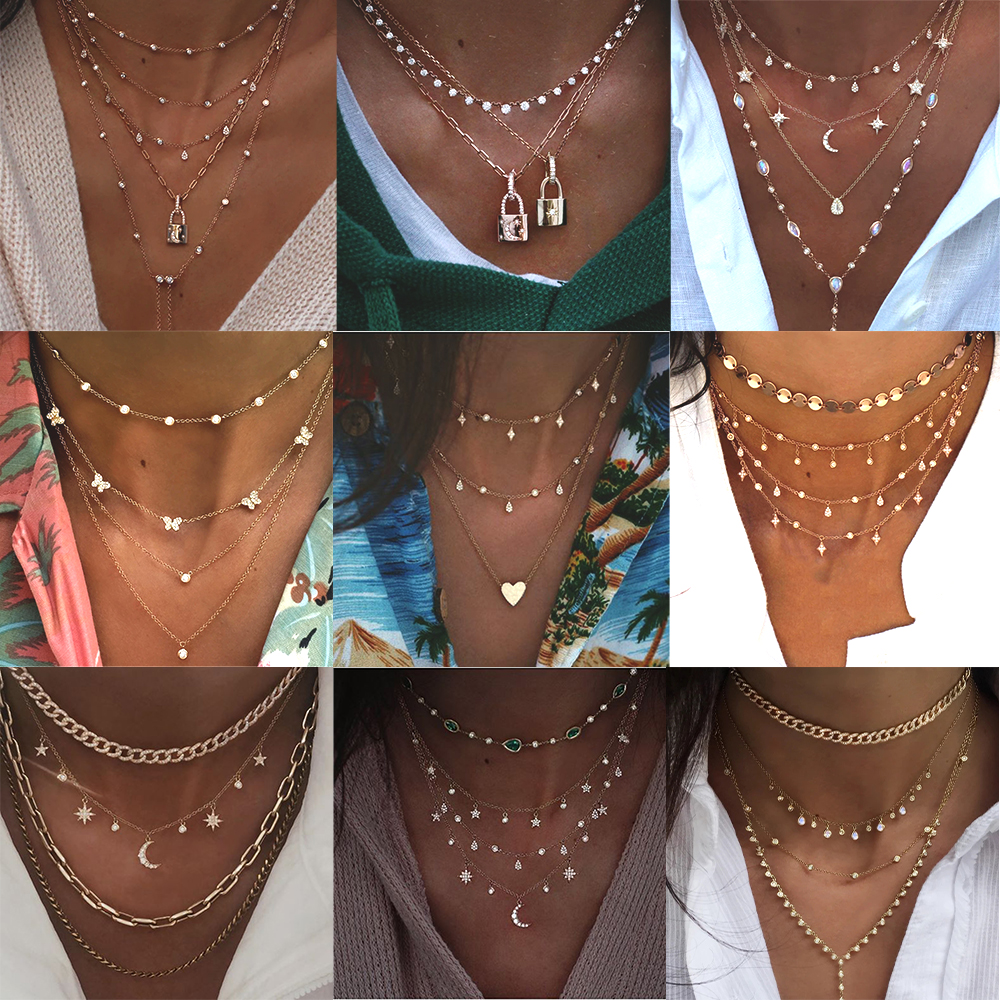Colliers Vintage multi-niveaux en cristal pour femmes, pendentif géométrique, style Boho, étoile, soleil, lune, nouvelle collection