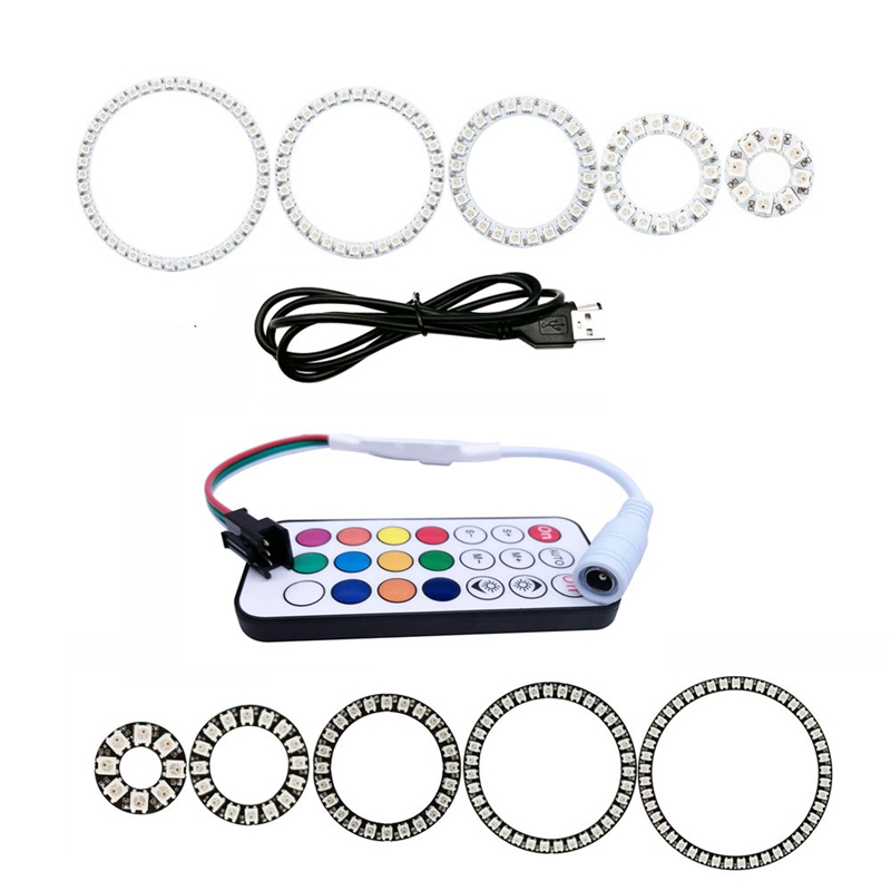 Anneau de pixels 5050 RGB adressable individuellement, DC5V WS2812b, 8/16/24/35/45Led, PCB noir/blanc avec Mini Kit de contrôleur USB 21 touches
