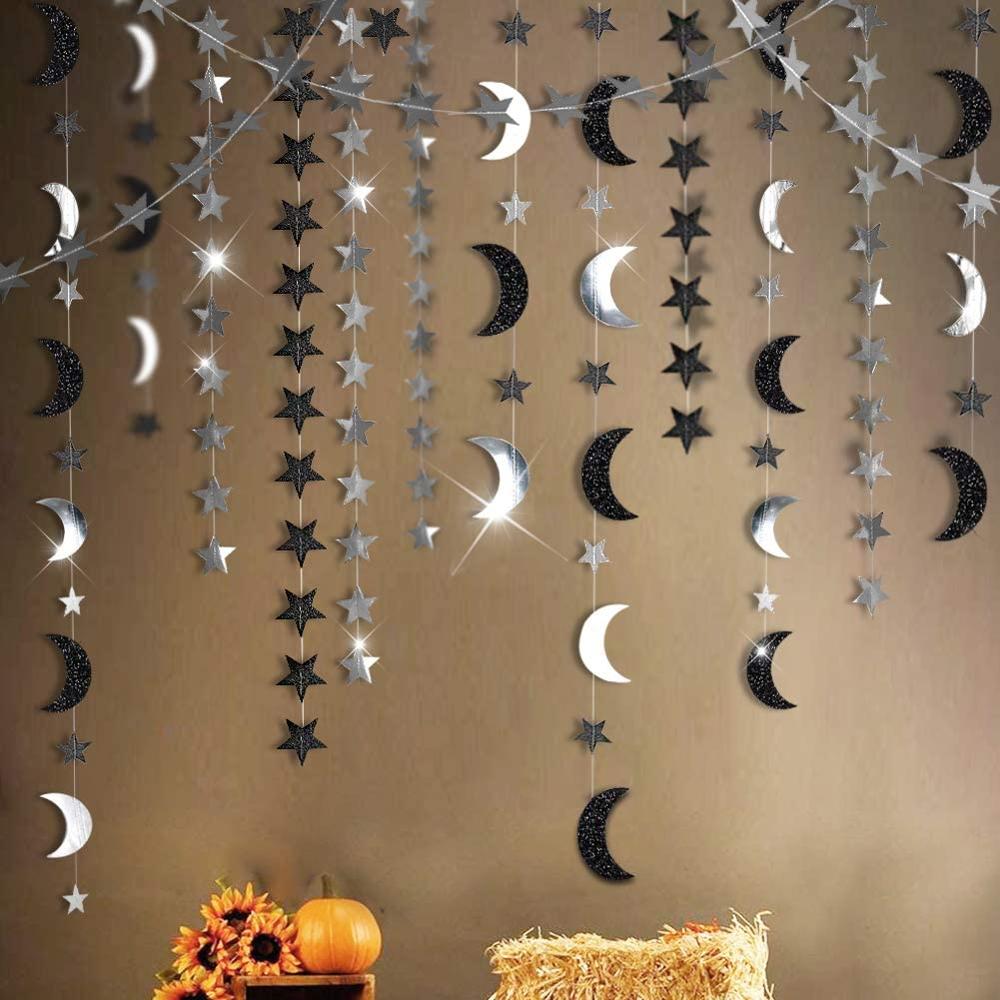 4m preto prata lua estrela guirlanda decorações glitter espaço exterior festa de aniversário pendurado casamento cintilação decorações do chuveiro do bebê