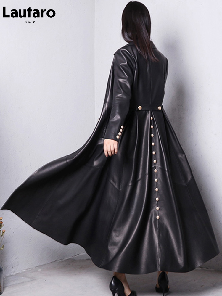 Lautaro otoño falda larga rojo negro gabardina de piel sintética para mujer doble botonadura elegante moda de lujo 4xl 5xl 6xl 7xl