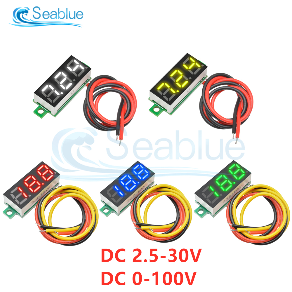 Voltímetro Digital LED CC de 0,28 pulgadas, medidor de voltaje de 0-100V, Detector de voltaje de energía móvil para coche, 12V, rojo, verde y azul, 5 uds.