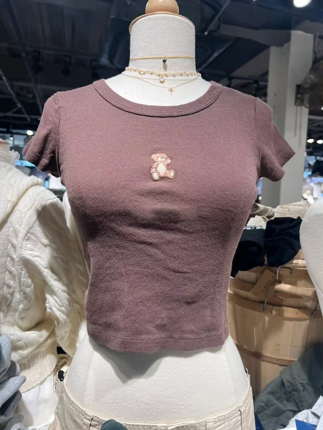 Kleine Bär Stickerei schlanke Crop Top für Frau Rundhals ausschnitt Kurzarm T-Shirts Sommer lässig süße süße Baumwolle T-Shirt y2k Tops