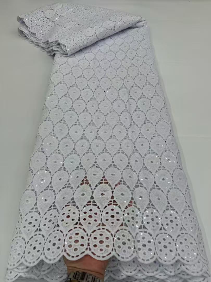 White African Guipure Cord Lace Fabric with Sequins 2026High Quality Nigerian Guipure Cord Lace for Sewing Wedding Dress Sewing