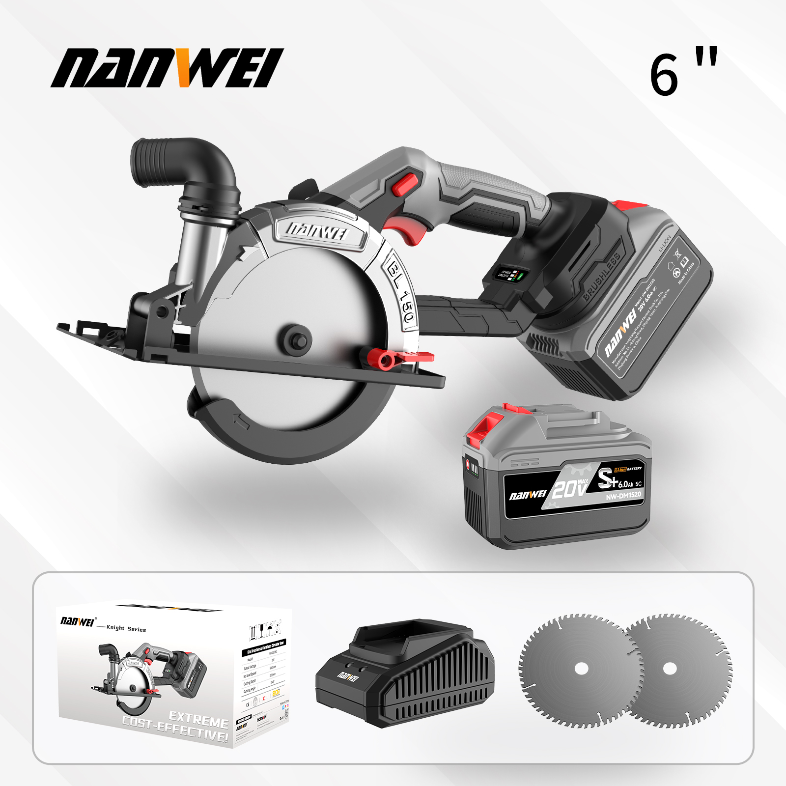 Nanwei 20V Brushless Cordless Lithium Ion 6-inch Electric Circular Saw Wood Metal Cutting and Sanding Chainsaw