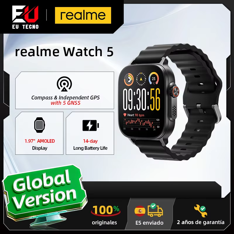 Versão Global do realme Watch 5 Smartwatch com Bússola e GPS Independente com 5 GNSS, Tela AMOLED de 1,97 polegadas, Até 14 dias de duração super longa.