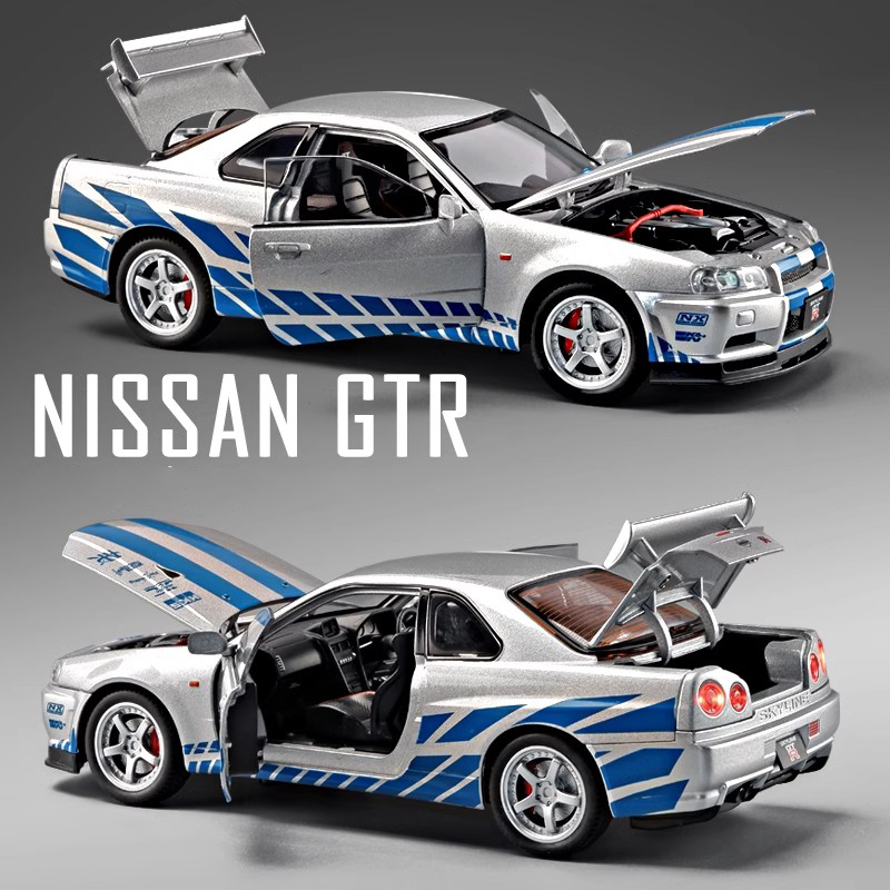 1:24 日産 GTR R34 スカイリンワイルドスピード合金車モデル音と光プルバック子供のおもちゃグッズ誕生日ギフト