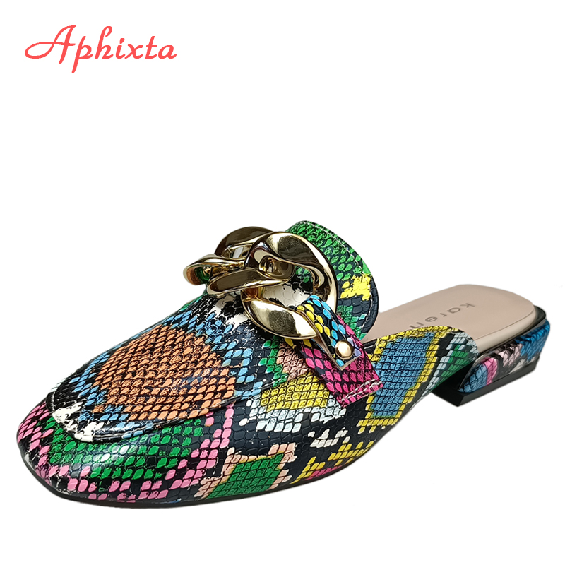 Aphixta Sommer neue Kette Frauen Schlange Drucke Folien quadratische Zehen Schuhe klassische Gold Schnalle Seil Hausschuhe Schuhe plus große Größe 43