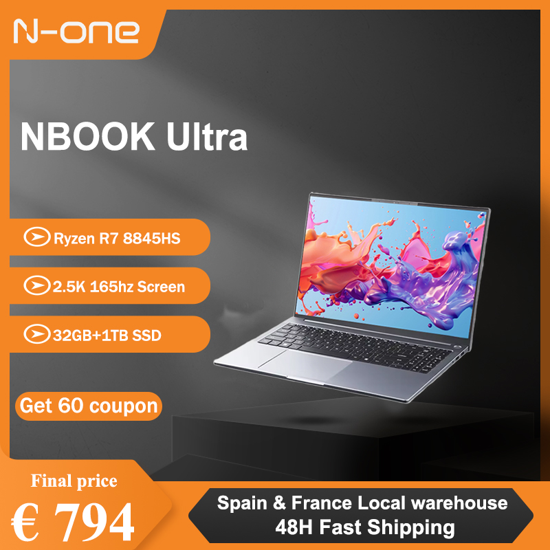 Ordenador portátil N-ONE Nbook Ultra, Windows 11 Pro, 16GB + 16GB, 32GB, dos canales, DDR5 1T, M.2, SSD, Ryzen™Ordenador de pantalla R7 8845HS 2,5 K 165Hz