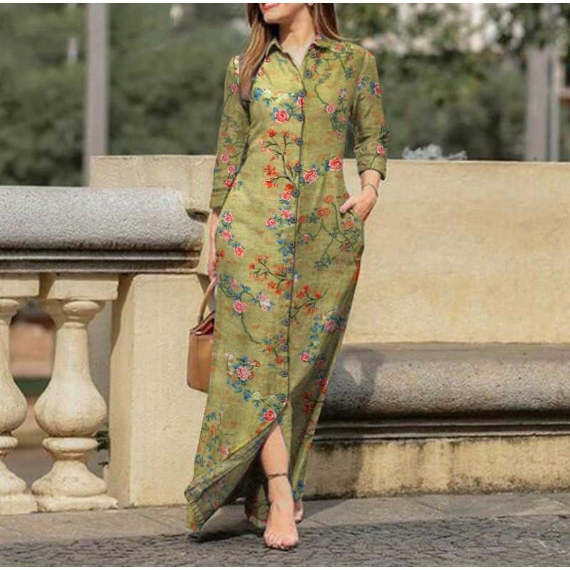 Vestido camisero con botones de manga larga para mujer, estampado de posicionamiento de ocio, bolsillo Retro, cuello tipo Polo, moda elegante, Otoño, Invierno