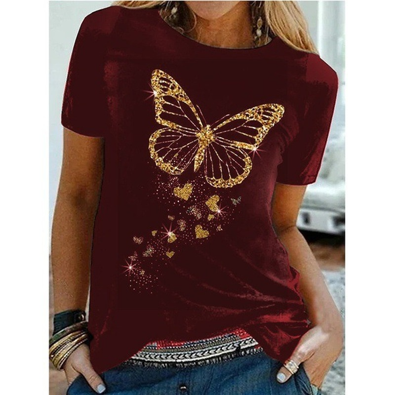 Golden Butterfly พิมพ์ผู้หญิง T เสื้อแขนสั้น O คอหลวมผู้หญิง TShirt สุภาพสตรี TEE เสื้อ Tops เสื้อผ้า Camisetas Mujer
