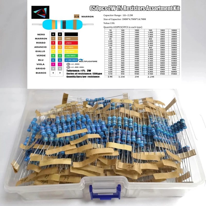 650 Stuks 2W 1% 1R-2.2M 130ValuesX5Pcs Metal Film Weerstand Kit Set