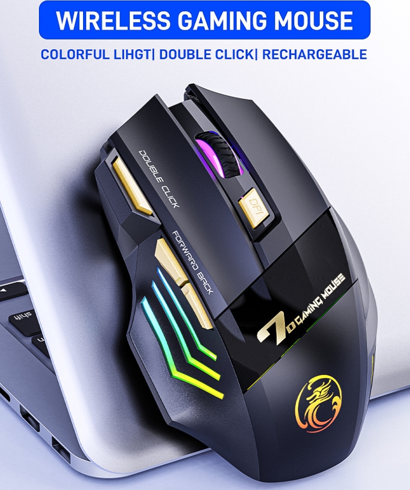 Mouse Gaming Nirkabel 2.4G Bluetooth Dual Mode 7 Tombol 3200 DPI Mouse Regulasi dengan Klik Teredam Pencahayaan RGB Isi Ulang USB GWX7