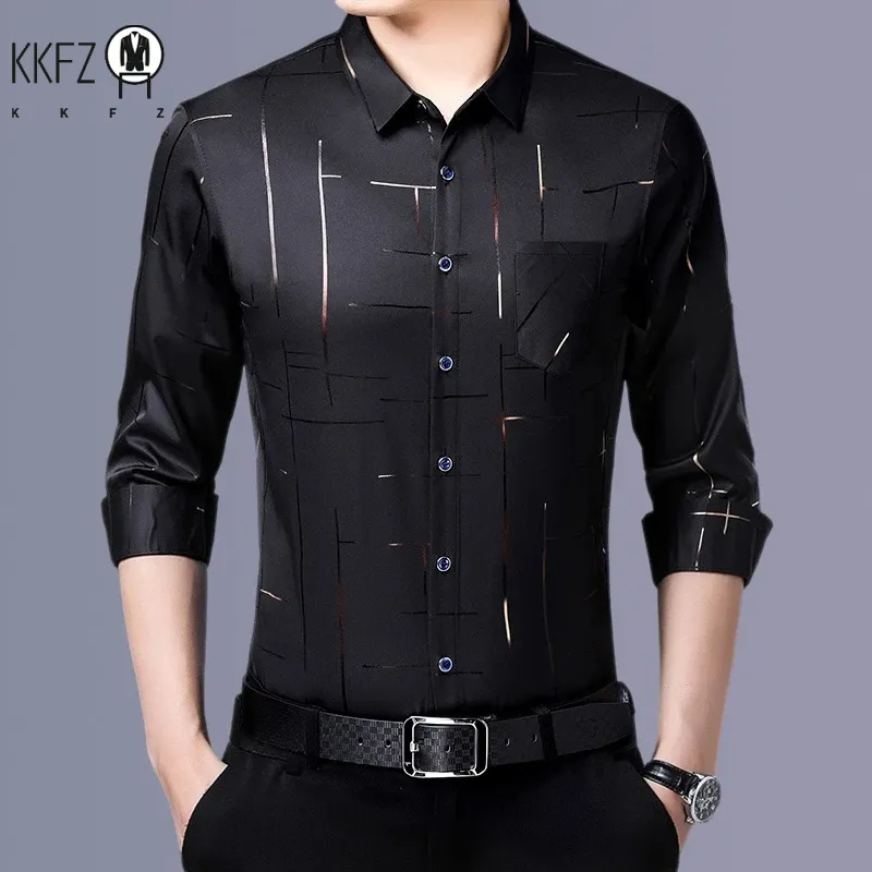 เสื้อเชิ้ตพิมพ์ลายแขนยาวสำหรับผู้ชายแบบลำลองและทันสมัยเสื้อนักธุรกิจไม่รีดและกันรอยยับ