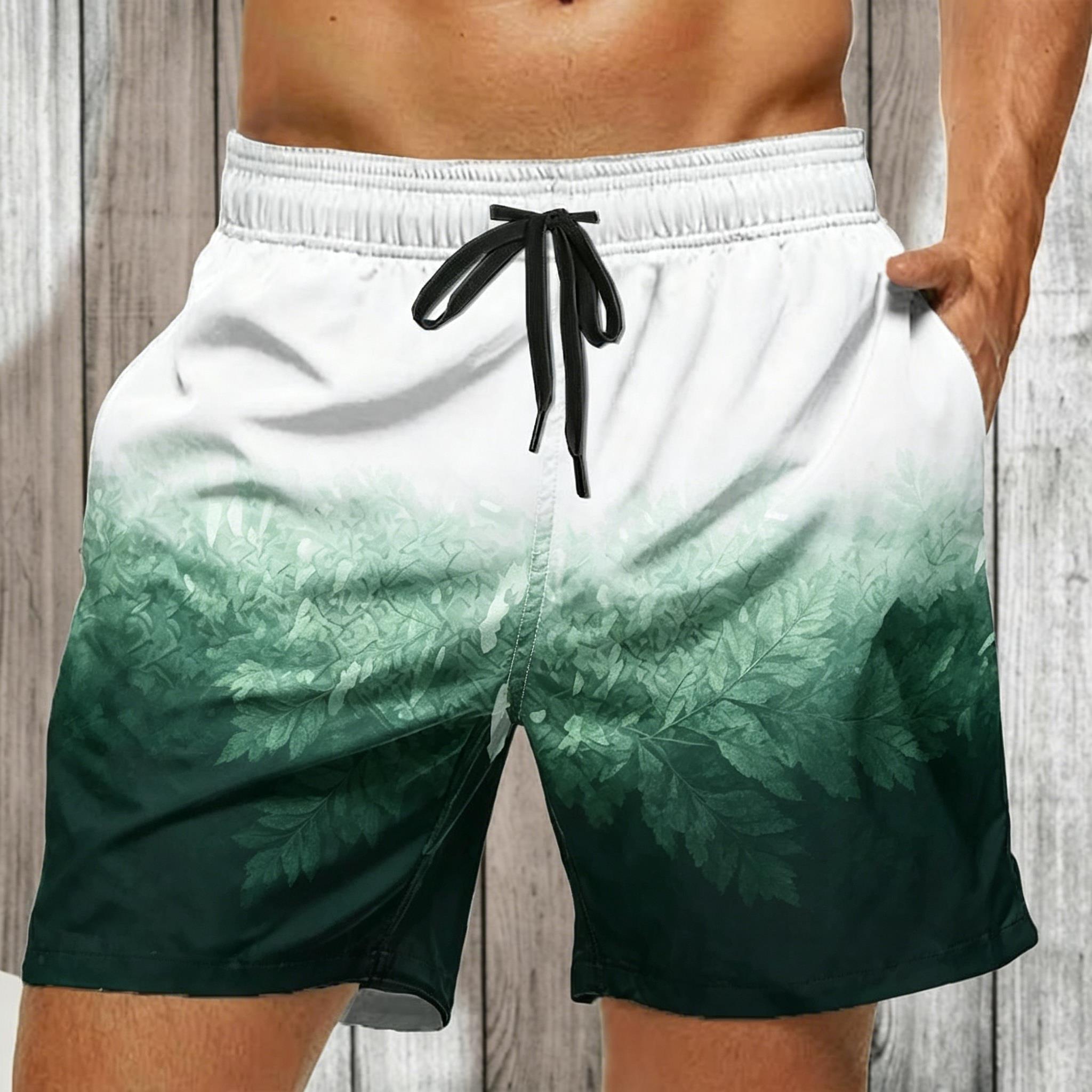 Herren-Shorts mit Kordelzug und weiß-grünem Ombre-Farnmuster, lässige, lockere Badehose für den Frühling und Sommer, Strandkleidung