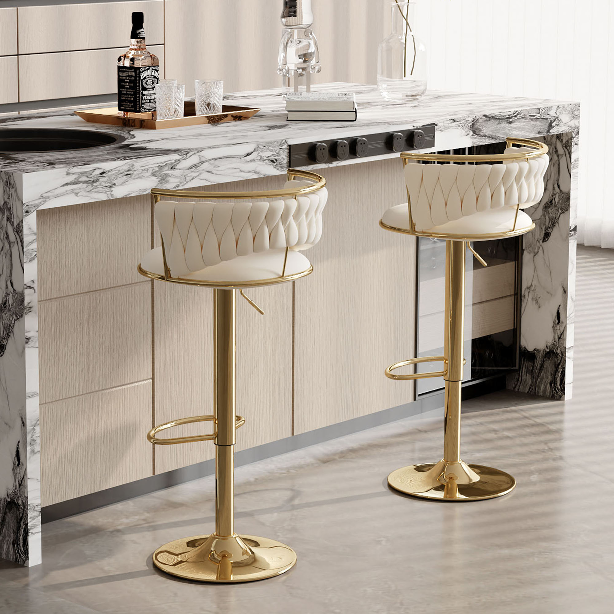 Taburete de Bar moderno con respaldo, taburetes de Bar pequeños de altura ajustable, taburete de mostrador de Metal y tejido de terciopelo, 2 uds.