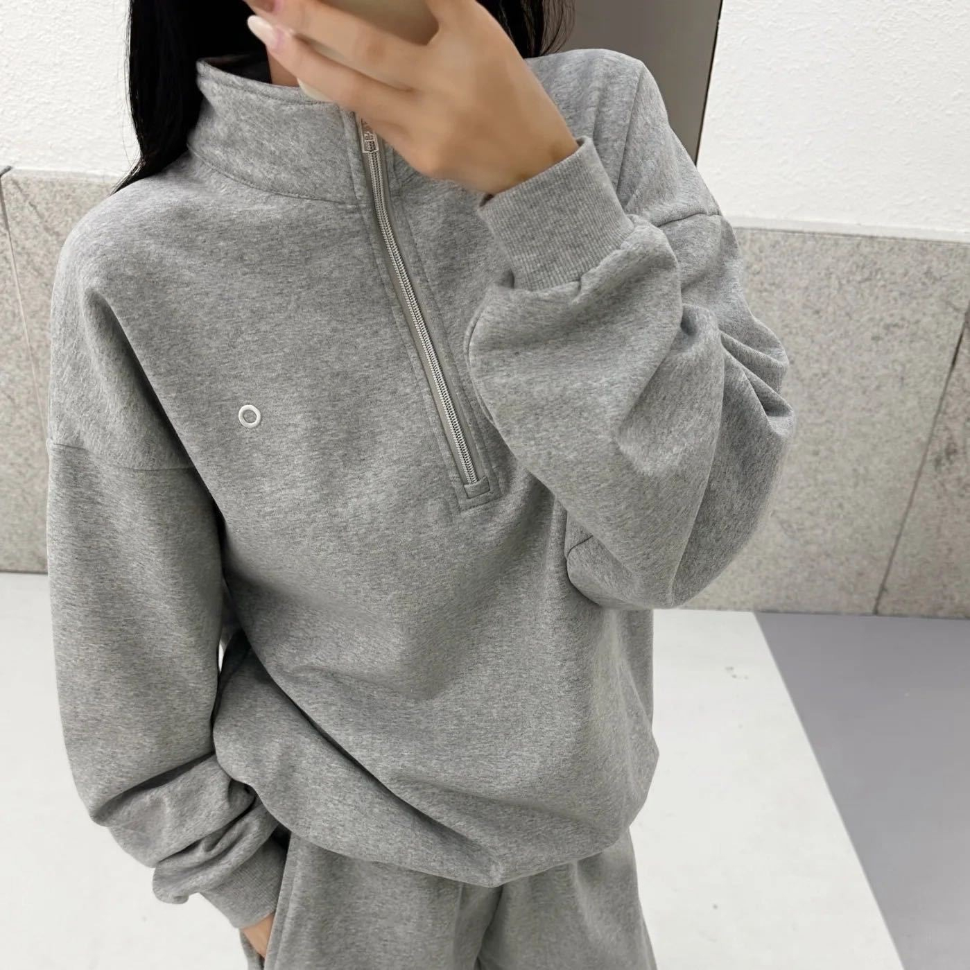Grijze katoenen half-rits hoodies met opstaande kraag voor dames, losse pasvorm, geschikt voor hardlopen en fitness, casual veelzijdige zwarte oversized hoodie