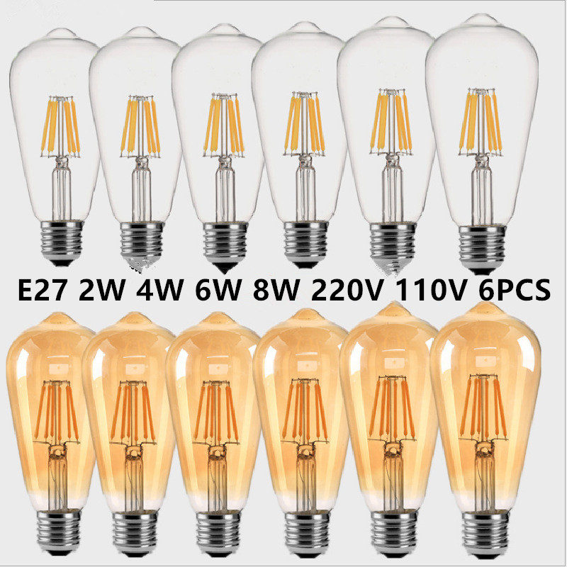 6 個 LED ST64 2 ワット 4 ワット 6 ワット 8 ワット DC 220 V 110 V 調光可能なゴールドフィラメント電球 E27 B22 ライトヴィンテージエジソンランプレトロゴールドガラス外観