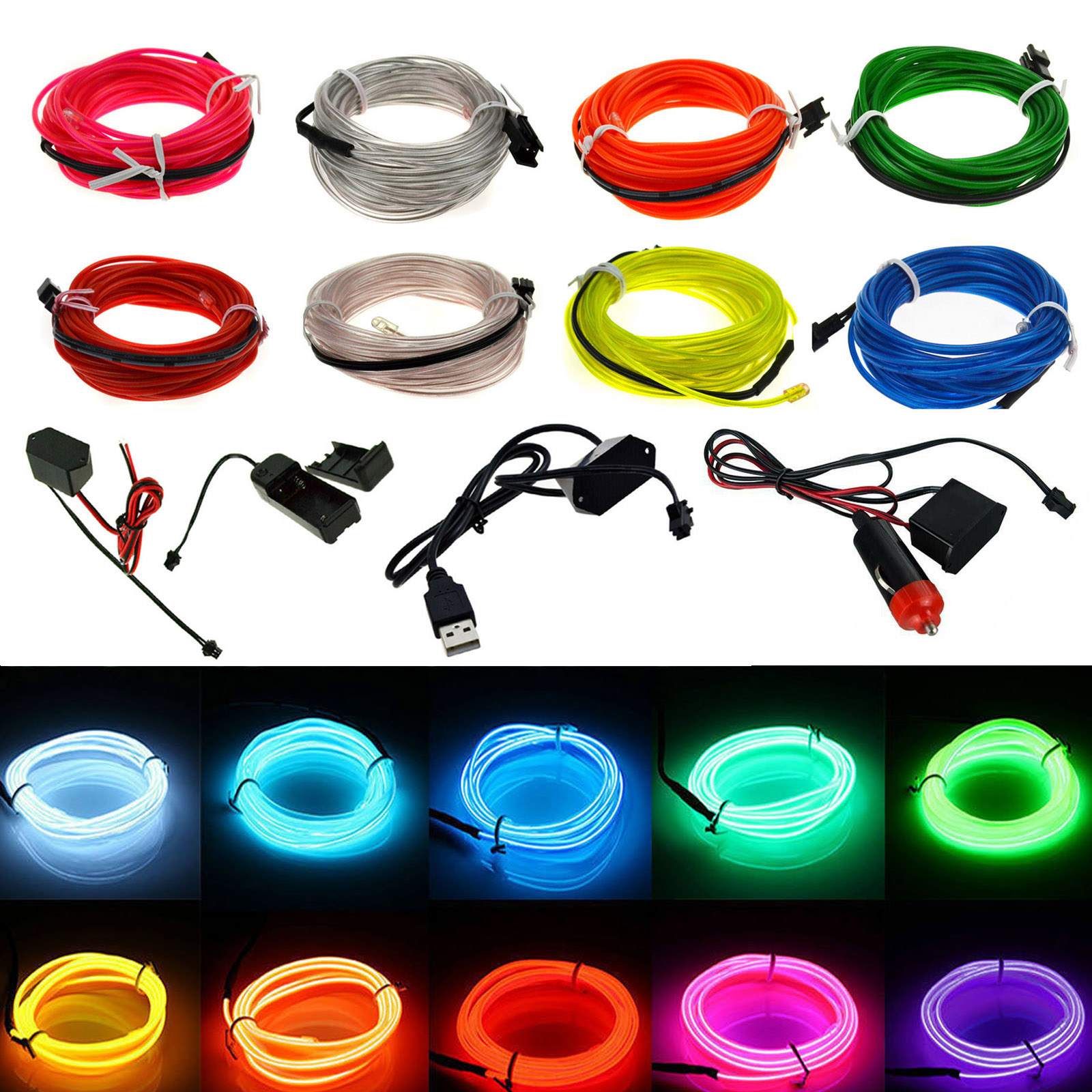 柔軟なネオングローカーライト EL ワイヤー LED 防水ロープ DIY 車、パーティー、部屋、衣類の装飾、1 メートル、2 メートル、3 メートル、4 メートル、5 メートル