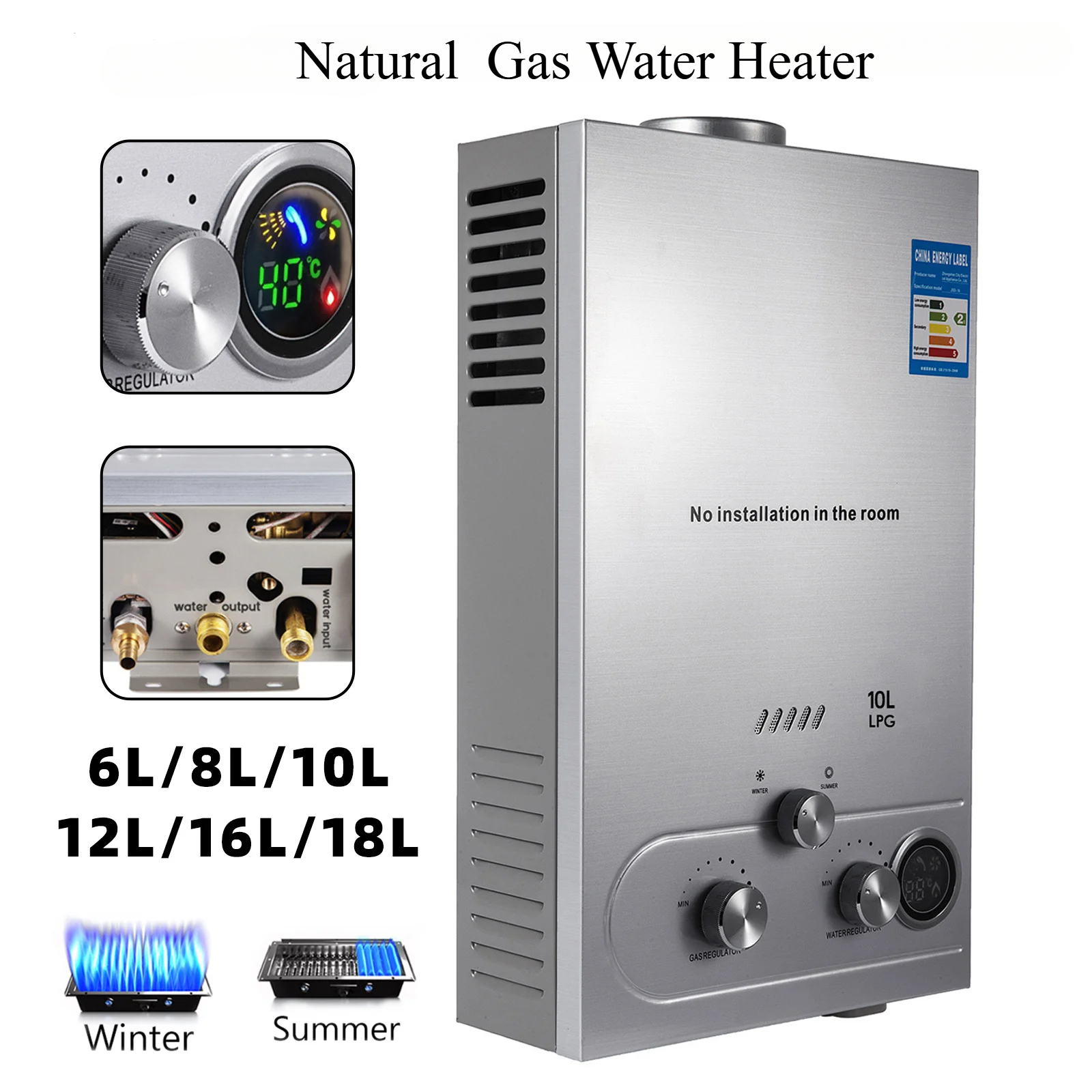 Kit de caldera de acero inoxidable con calentador de agua a gas natural de 18 litros