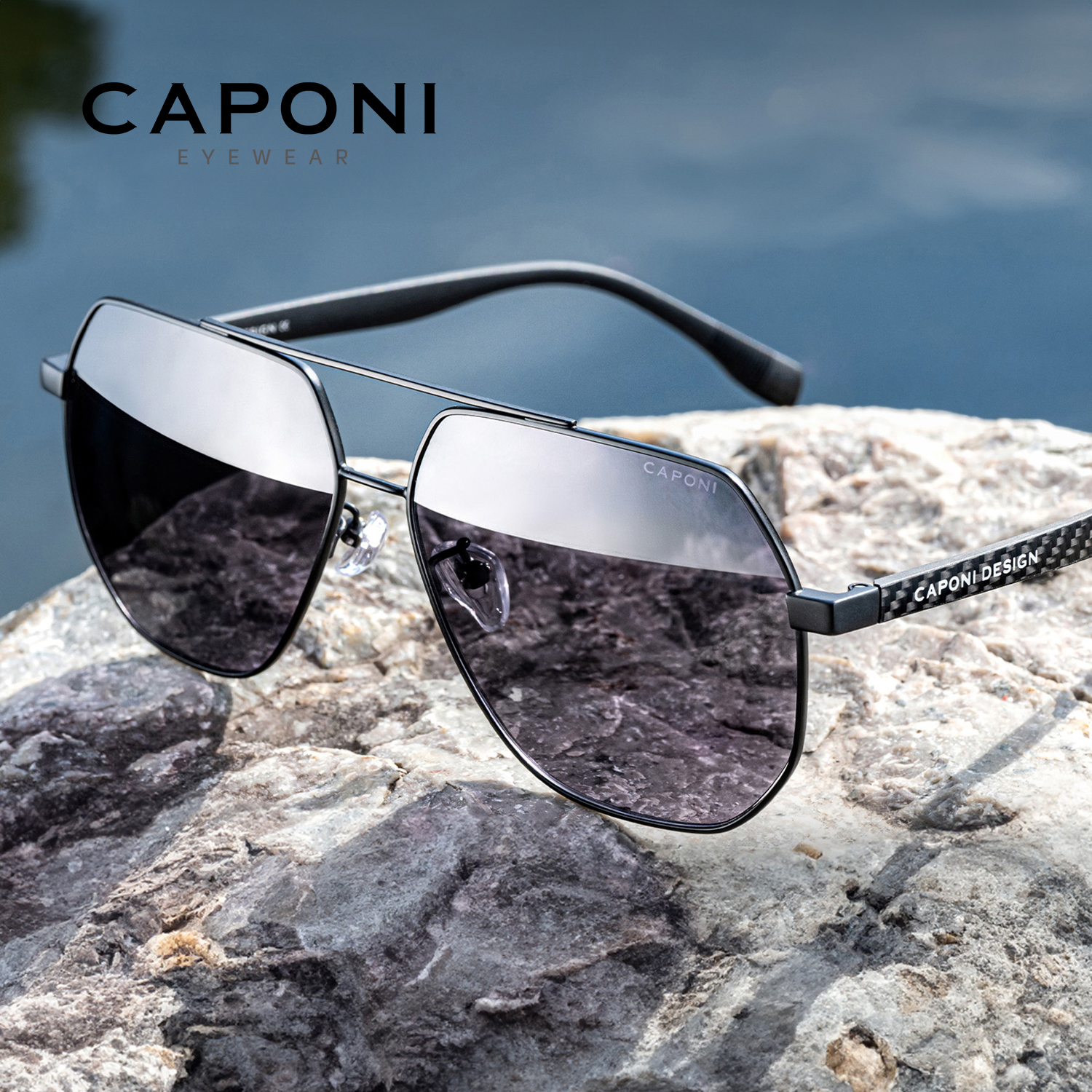 CAPONI Kacamata Hitam Pria Pilot Terpolarisasi Double Bridge Serat Karbon Kacamata Hitam Berkendara Luar Ruangan Fotochromic Warna Hitam BS34717