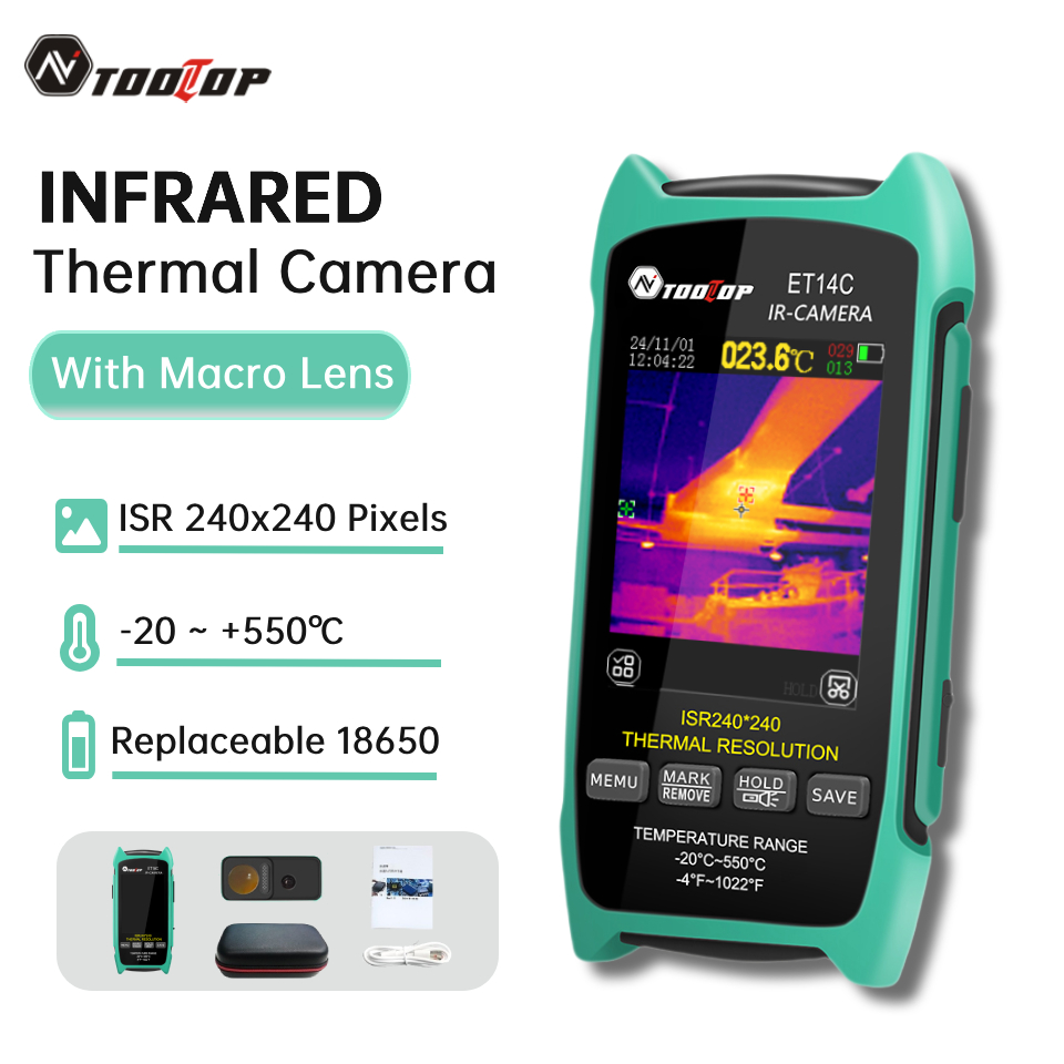 TOOLTOP ET14C Wärmebildkamera 2,8 Zoll Tragbarer PCB-Wärmebildscanner mit Makro-Objektiv für HVAC Fußbodenheizung Inspektion Infrarotkamera