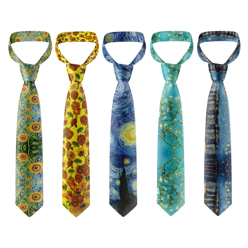 Nova moda pintura a óleo design gravatas para homens van gogh girassol noite estrelada retro 8cm de largura gravata de poliéster acessórios femininos