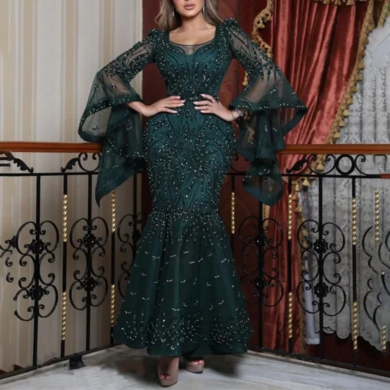 Lugentolo-vestido de fiesta Sexy para mujer, maxivestido de encaje Imperio, longitud hasta el suelo, verde oscuro, espolvoreado, dorado, mangas largas