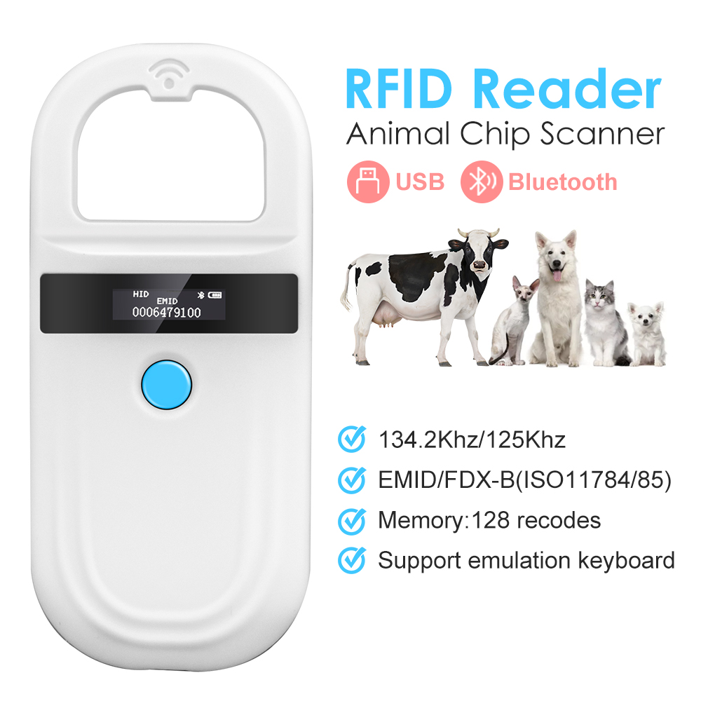 휴대용 134.2KHz 125kHz 동물 RFID 리더 애완 동물 고양이 개 마이크로 칩 스캐너 FDX-B 유리 칩 USB/블루투스 태그 리더 태그