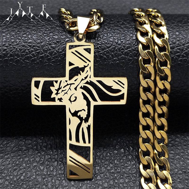 Hiphop Punk Kroon Van Doorns Jesus Kruis Ketting Voor Mannen Roestvrij Staal Verguld Kruisbeeld Hanger Kettingen Sieraden N8052