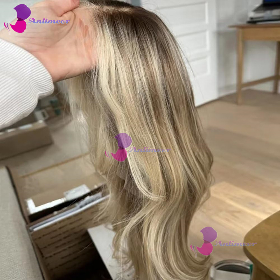 Loiro Cinza # Peruca de Cabelo Humano Loiro 8/613 com Ondas Corporais, Densidade 180%, Sem Cola, com Nós Descoloridos, Peruca Frontal de Renda 13x4