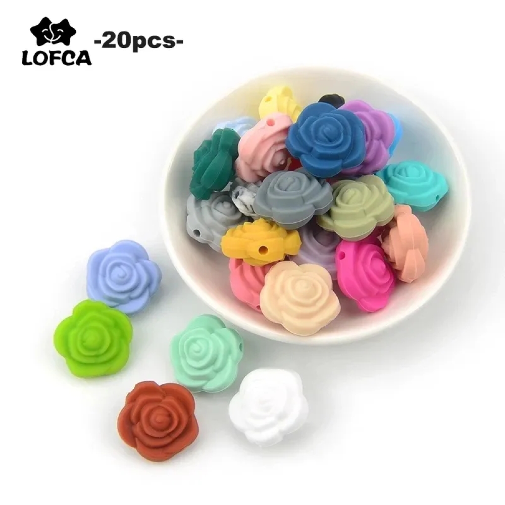 LOFCA 20 шт., силиконовые цветочные бусины с двойным лицом, роза, подвеска для прорезывания зубов, прорезыватель для зубов, детское жевательное ожерелье, горячая распродажа, мягкая жевательная подарочная игрушка