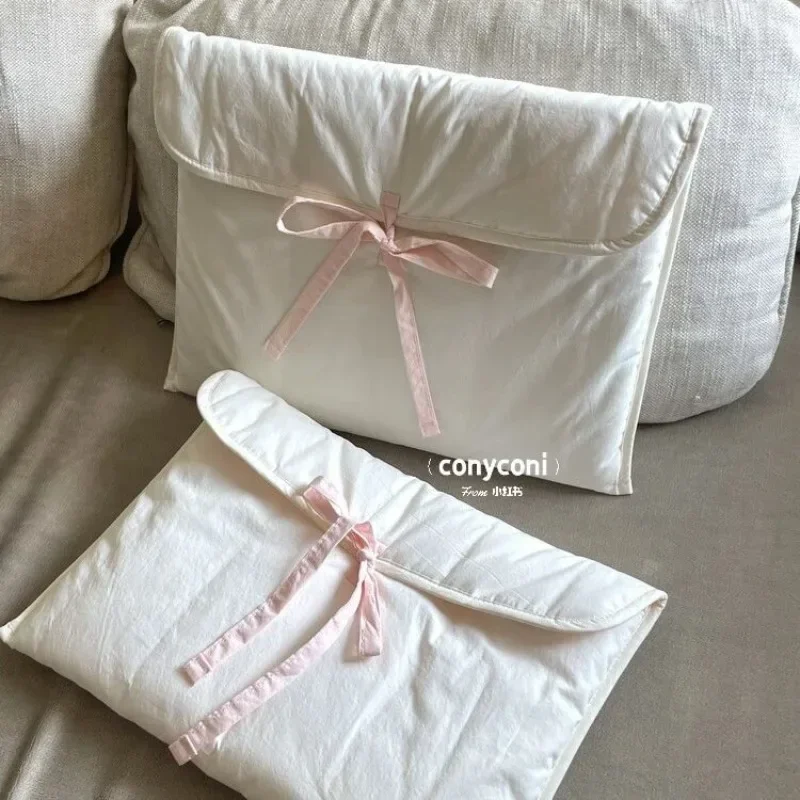 Bolsa monocromática para laptop com laço rosa para mulheres, elegante e casual, pasta de nicho, doce e fofa, documento, novo, 2023