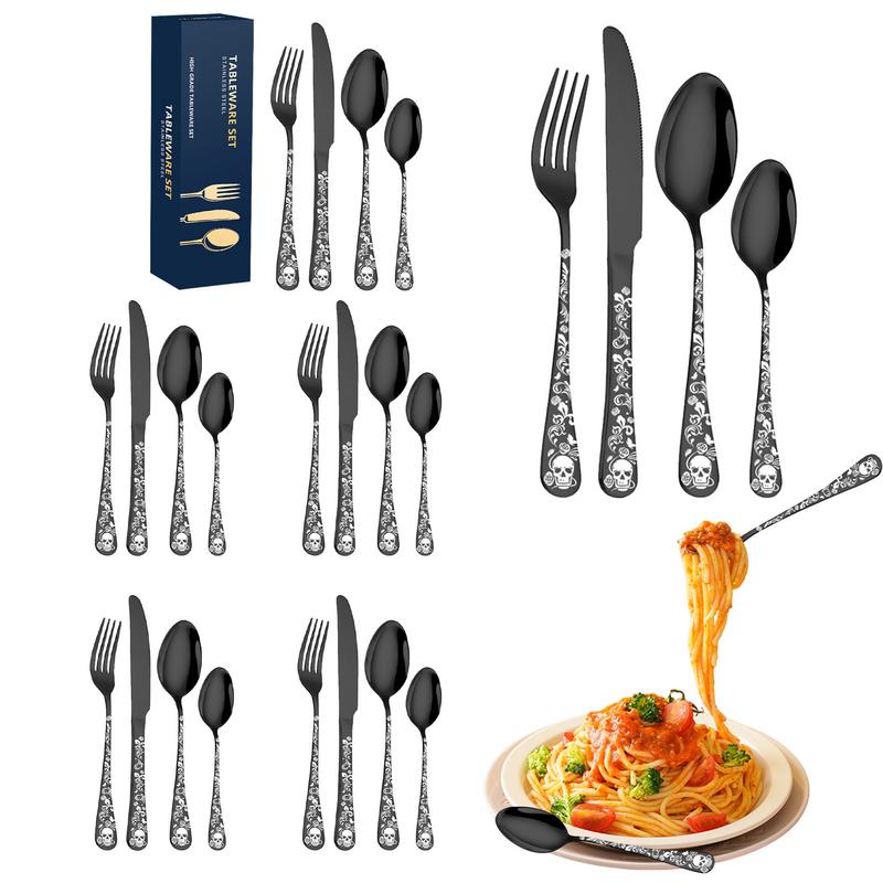 Couverts en acier inoxydable à motif de crâne, vaisselle lavable au lave-vaisselle, fourcommuniste et cuillères de cuisine portables pour 6, 24 pièces
