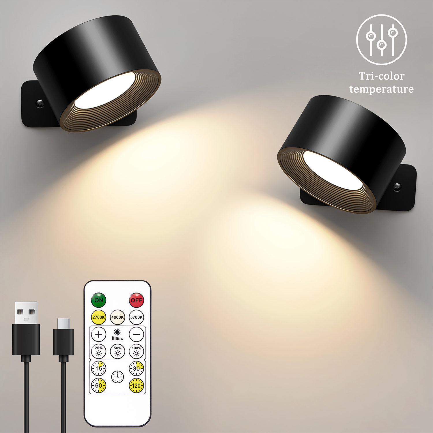 LED-Wandleuchte, 3 Helligkeitsstufen, 3 Farbmodi, Wandleuchten, 2000 mAh, batteriebetrieben, 360 °   Drehbare Touch-Steuerung