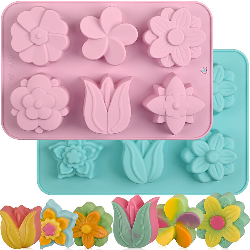 Silikon-Blumen-Kuchenformen, 6 Mulden, verschiedene Blumen, Tulpen, Schokolade, Kekse, Muffine, Backformen, Seifenherstellung, Eiswürfelform