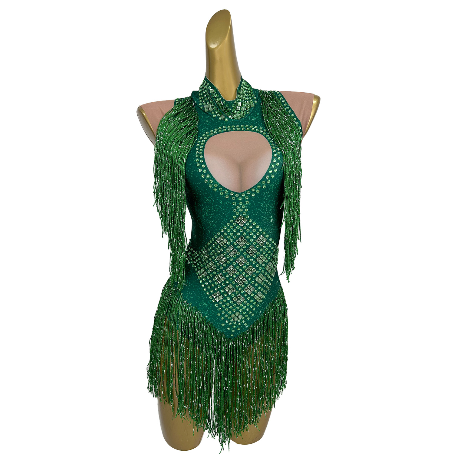 Collant com franjas de strass verdes brilhantes para mulheres sexy show performance bodysuit boate roupa dançarina palco wear fangkuai