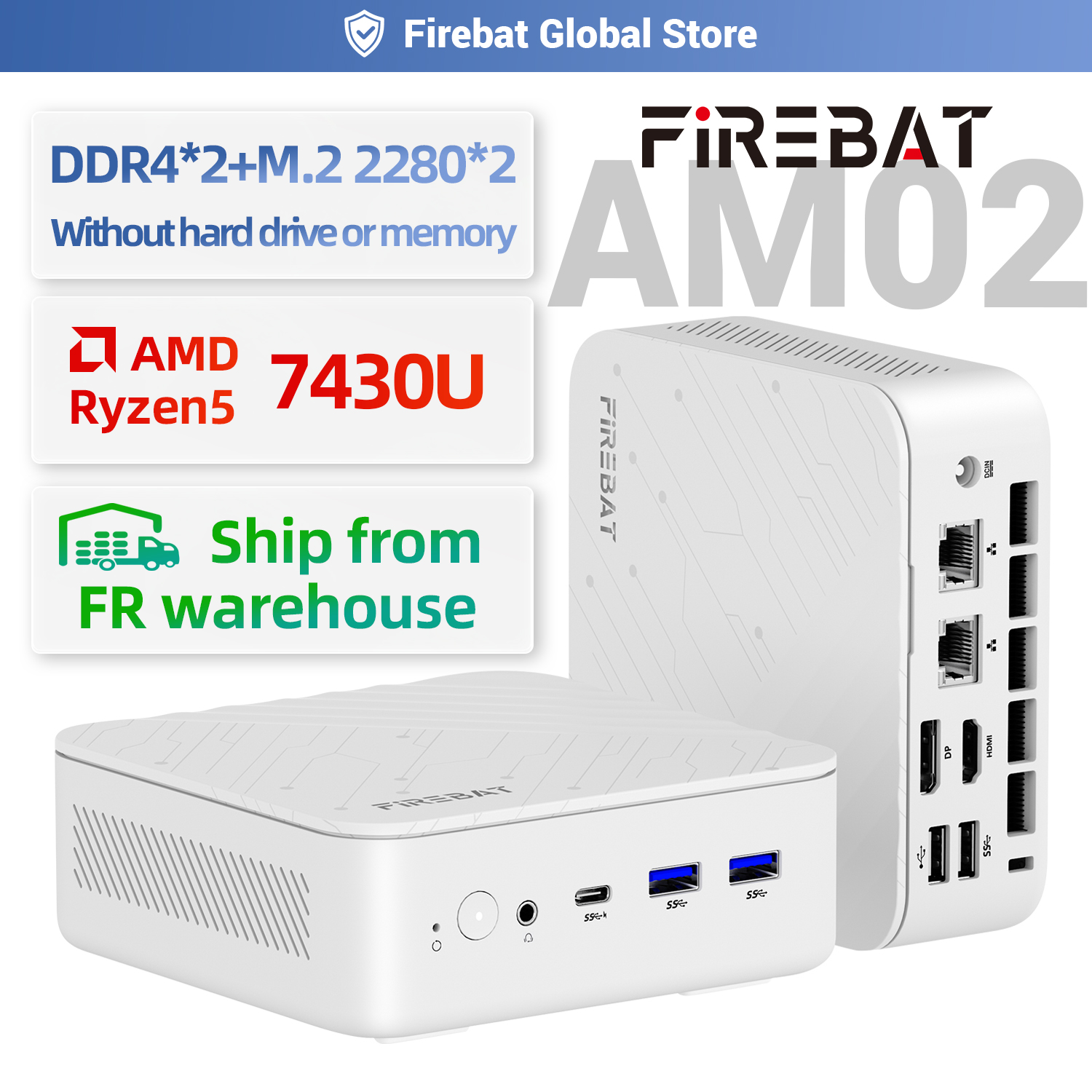 Firebat AM02 Mini-PC AMD R5-7430U 6C/12T 16 GB DDR5 512 GB SSD Gaming Mini-Desktop-Computer Windows 11 Pro WiFi 6/BT5.2 Typ-C