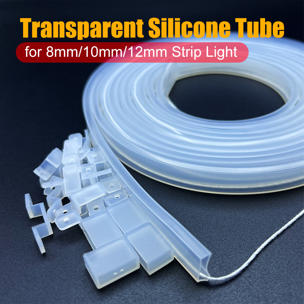 Tabung Silikon LED Transparan 8mm 10mm 12mm Penutup Pelindung Fleksibel Tahan Air Dengan Klip Pengikat Untuk Lampu Strip 5050 WS2812B