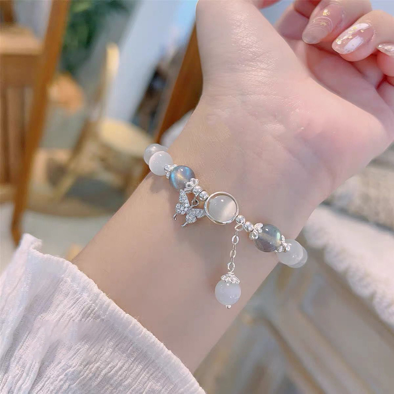 ชุดเครื่องประดับแฟชั่นสร้อยข้อมือแบบใหม่ประดับด้วยลูกปัดหินเพทายรูปแมว2ชิ้นสำหรับผู้หญิงสร้อยข้อมือยืดหยุ่น