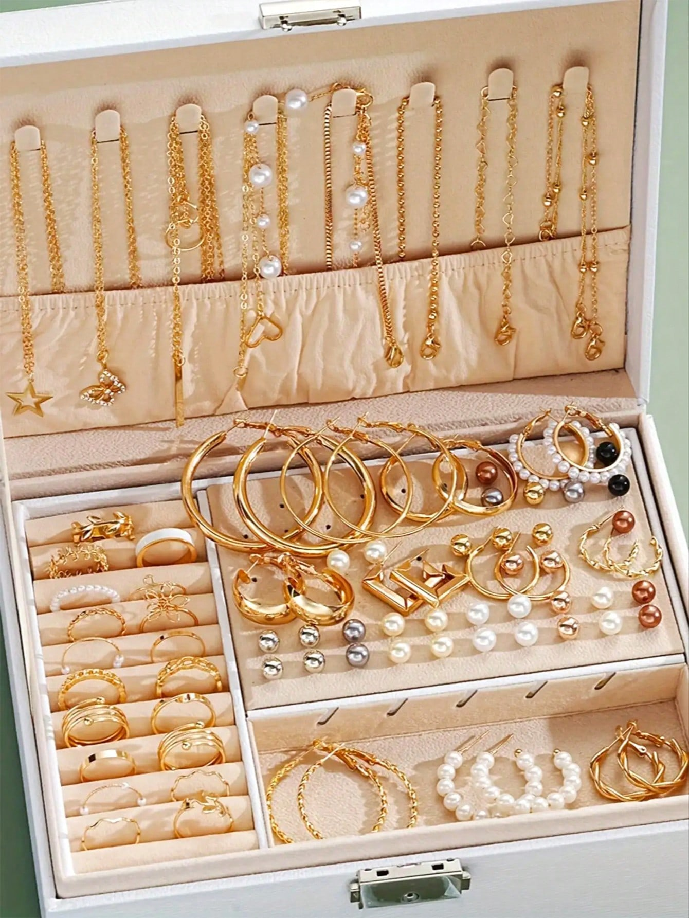 86 unids/set elegantes pendientes de perlas collar multicapa pendientes anillos 4 en 1 conjunto de joyería para mujer regalo de uso diario (sin caja)