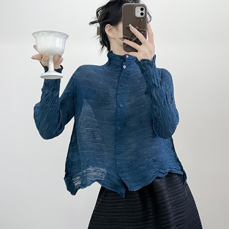 Miyake Plissierter Damen-Cardigan 2026 Neu Langarm-Hemd Einfarbig Einreihig Leicht Halbtransparent Sunbrella