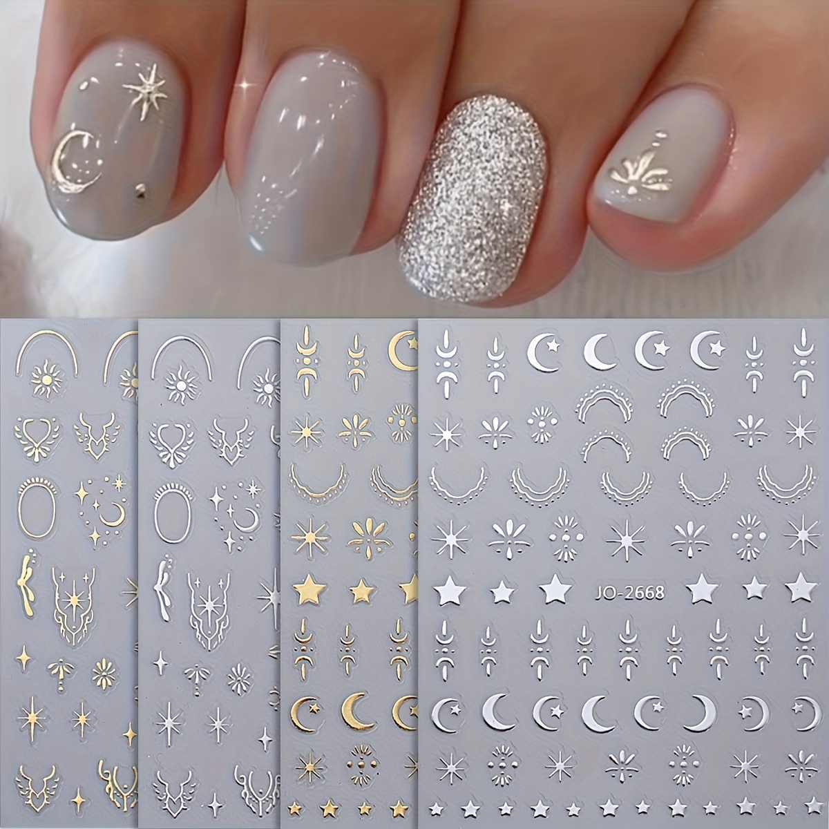 Set of 4 Bohemian Star And Moon Stickers in Golden & Silvery Colors for Nail Art