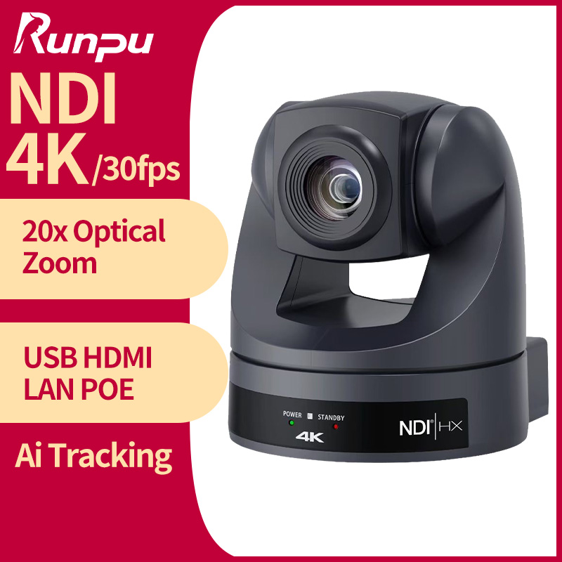 Câmera de Conferência Runpu 4K/30fps PTZ com Vídeo, Zoom 20X, Rastreamento por IA, Câmera PTZ NDI com USB, HDMI, LAN, POE para Educação, Transmissões ao Vivo e Reuniões de Negócios