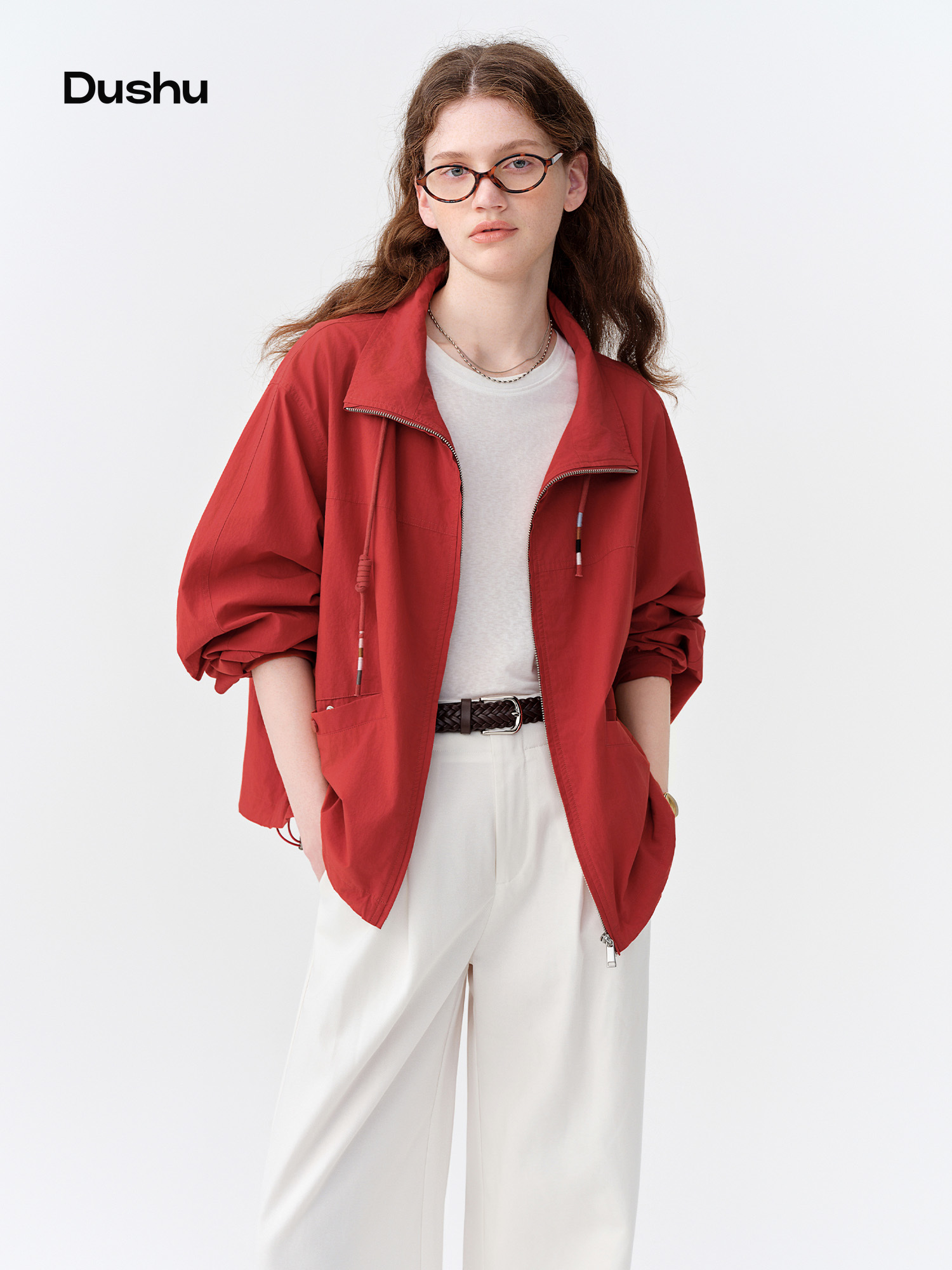 DUSHU Kurze Jacke im Retro-Stil mit Stehkragen, Herbst-Kurzmantel mit Kordelzug, Blumenmuster, H-Form, Freizeitjacke mit Taschen