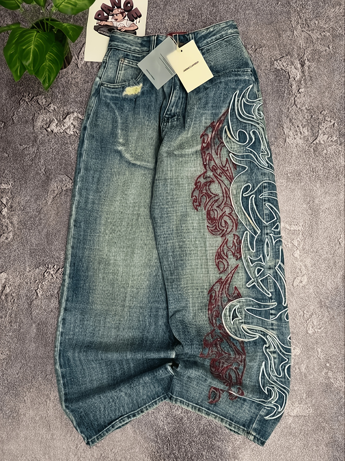 Loszittende herenjeans met wijde pijpen, tribal vlammenborduurwerk, vintage gewassen denimbroek, streetwear, dagelijks gebruik