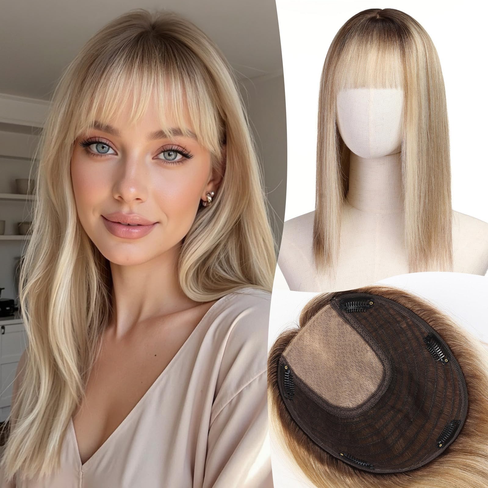 Doczepiane włosy ombre brązowo-blond, naturalne włosy Remy, 5 klipsów, baza jedwabna 9x9 cali, doczepka 16 cali z grzywką dla kobiet.